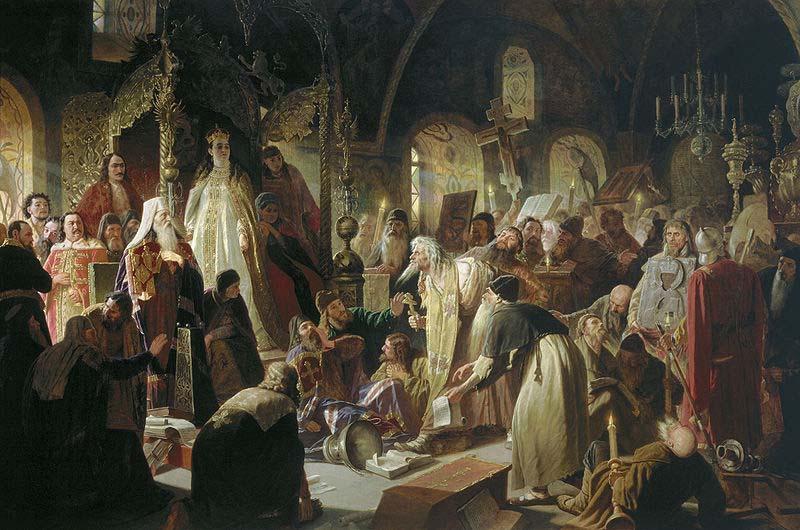 Vasily Perov Nikita Pustosviat. Dispute on the Confession of Faith